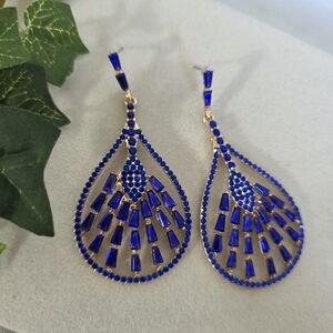 Gold and Blue Rhinestone Glam Drop Earrings
